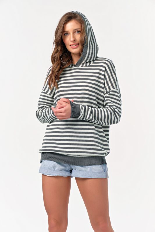 Striped hooded knitted sweater in gray-white