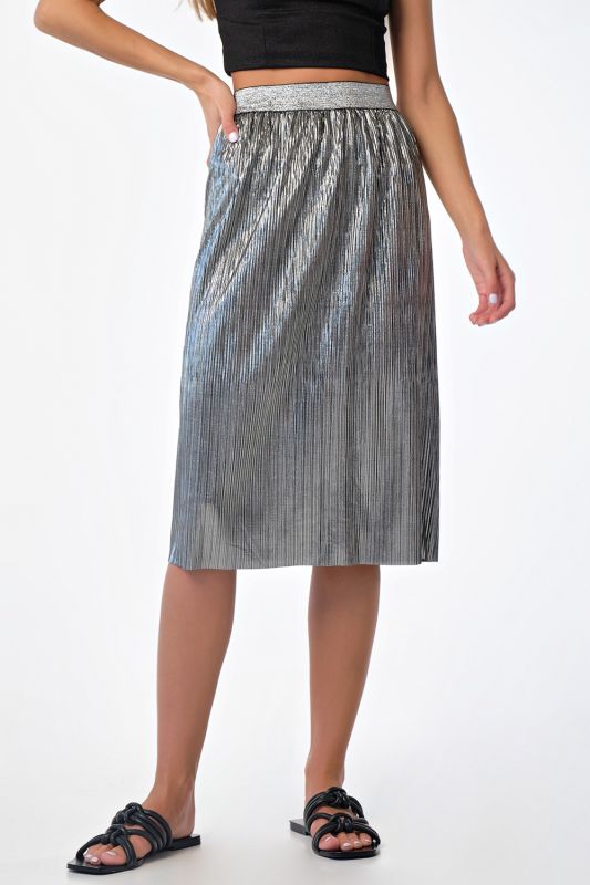 Silver-black shiny knitted midi skirt with elastic band