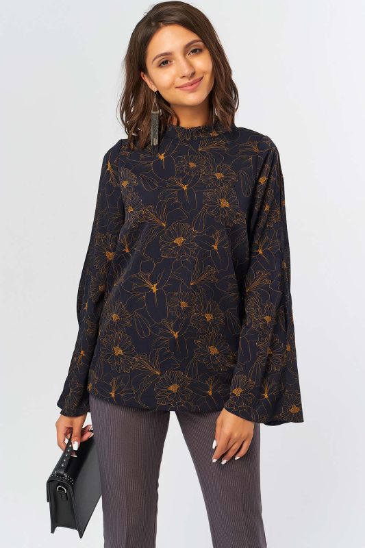 Straight blouse with wide sleeve with floral print on navy blue