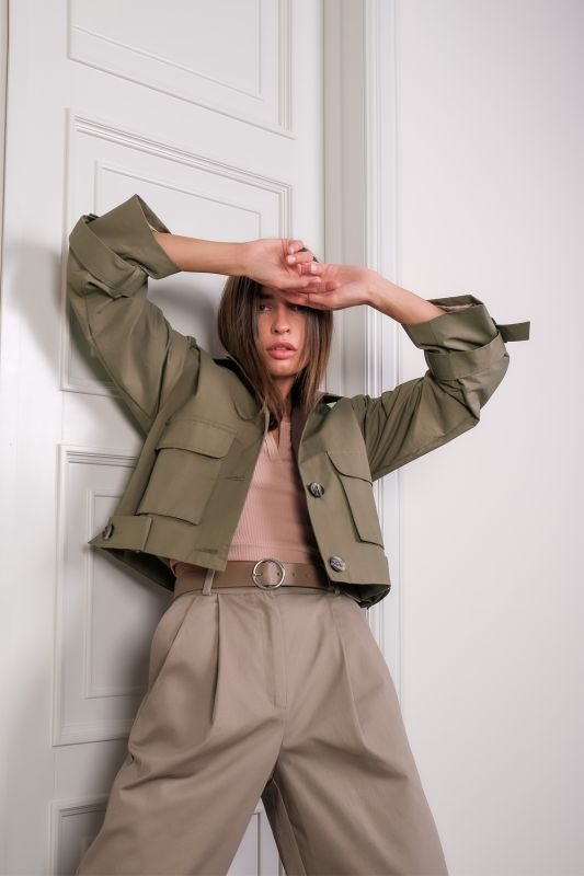 Khaki cotton over-size windbreaker with pockets