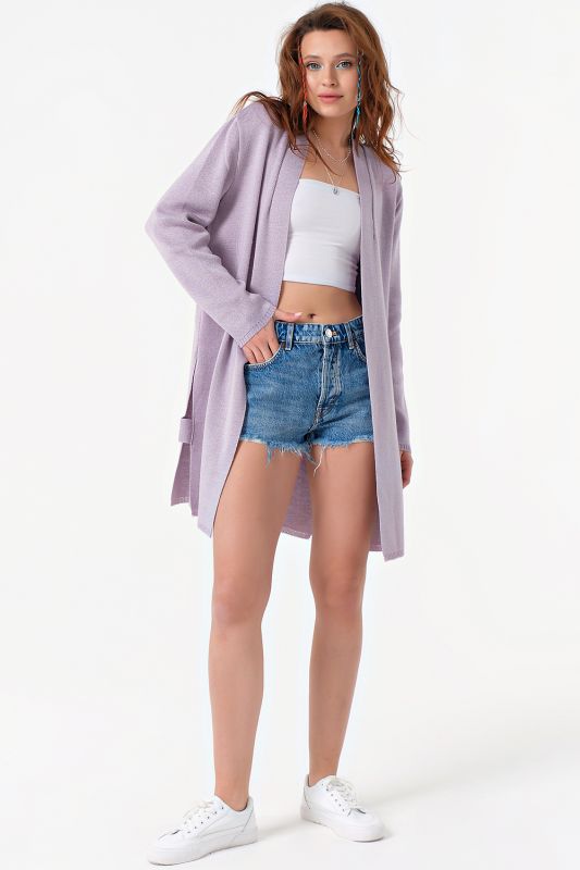 Long knitted cardigan with belt light lilac