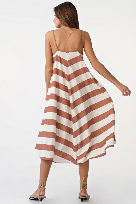 Milk-striped strappy loose midi dress on brick color