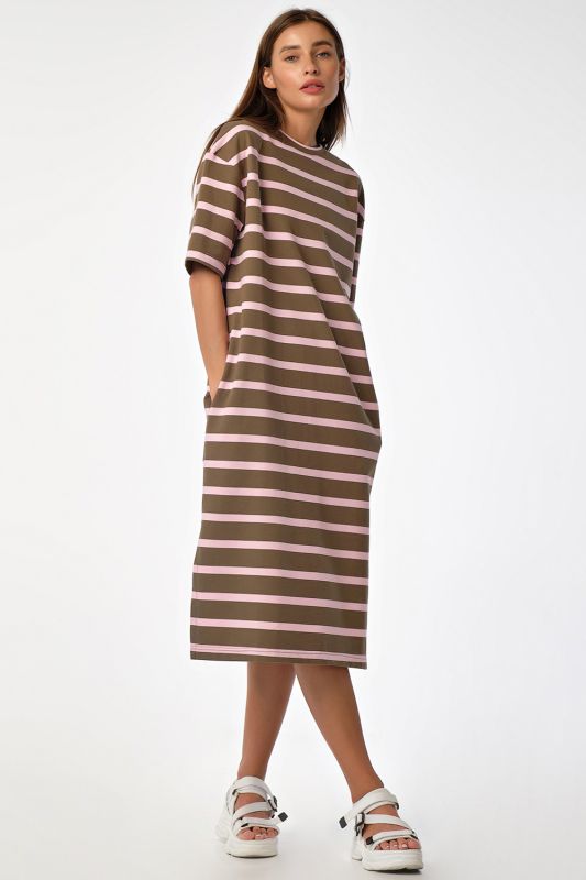 Khaki striped futer fleece straight midi dress