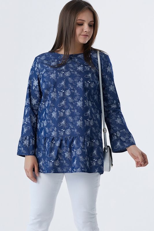 Cotton loose blouse in large size with print on blue