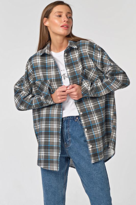 Cotton oversize shirt with large plaid on gray