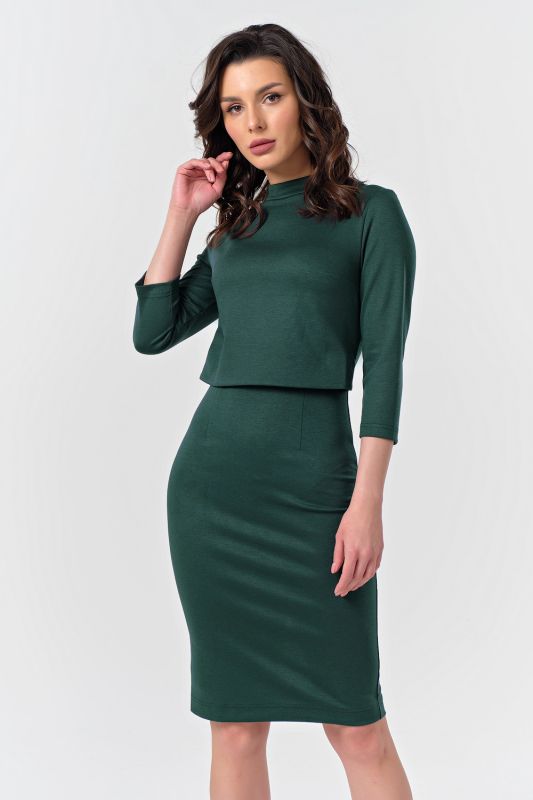 Warm knee-length dress for office dark green