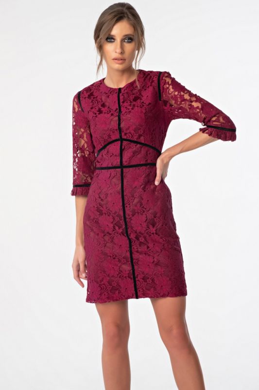 Short sleeved fitted lace dress with berry sleeves