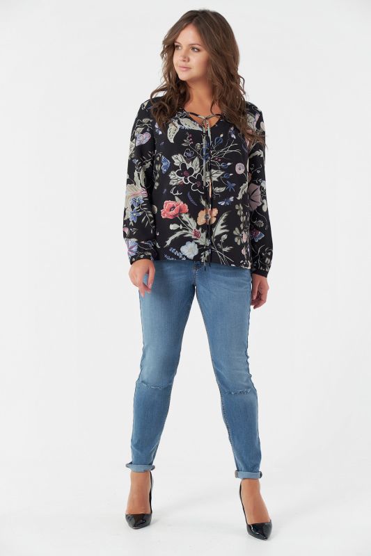 Large size chiffon blouse with floral print on black