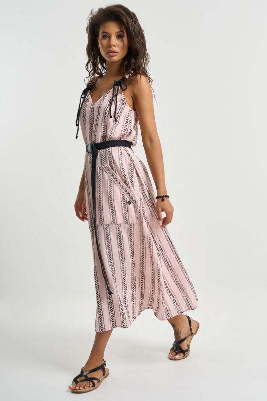 Cotton dress with belt print on pale pink