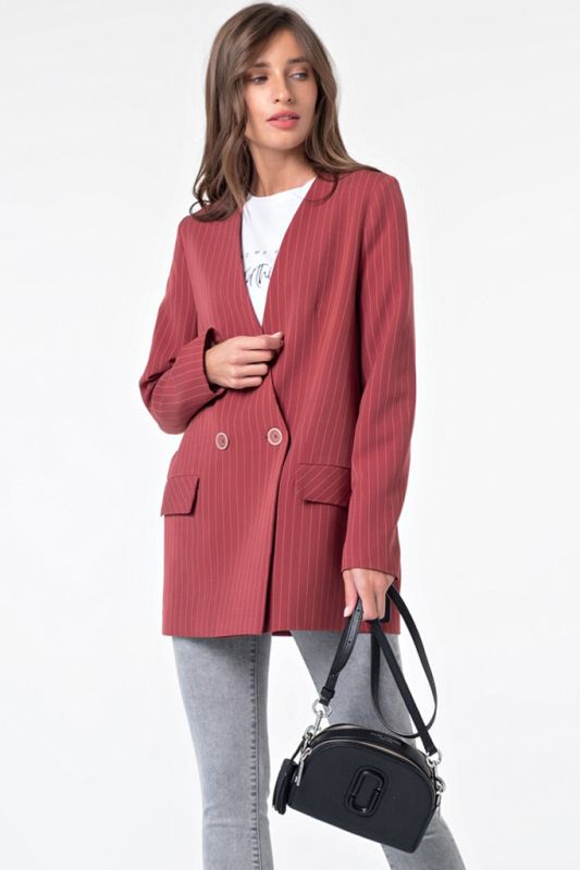 Double-breasted jacket without collar in striped dark red