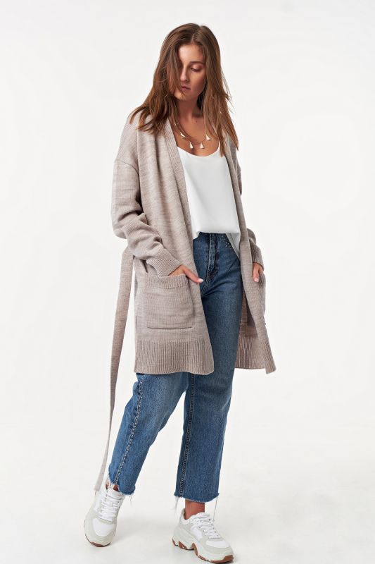 Long knitted cardigan with belt gray-beige melange