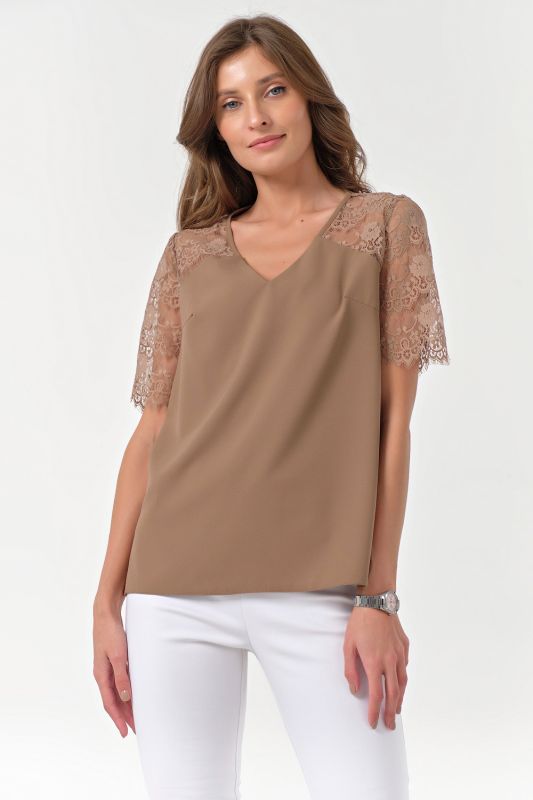 Straight blouse with lace beige