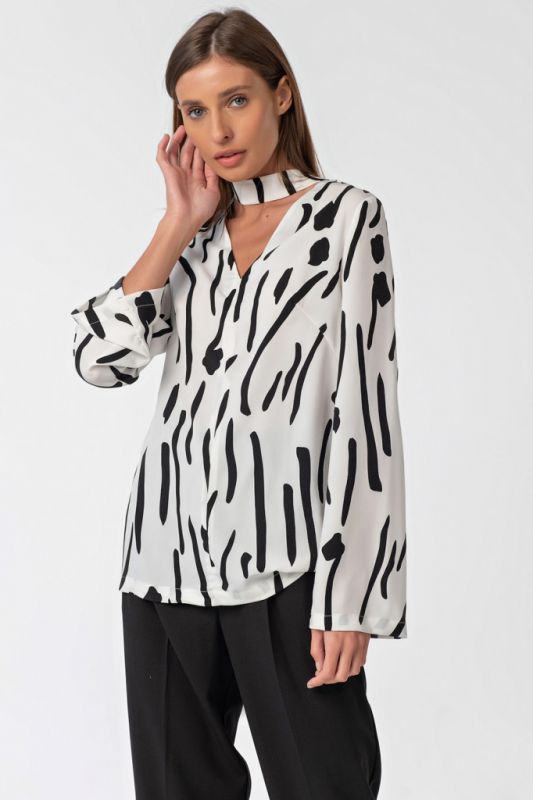 White Printed Wide Sleeve Loose Blouse on White