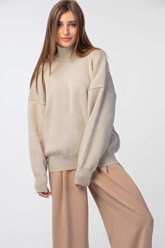 Warm knitted sweater with high neck, milk color