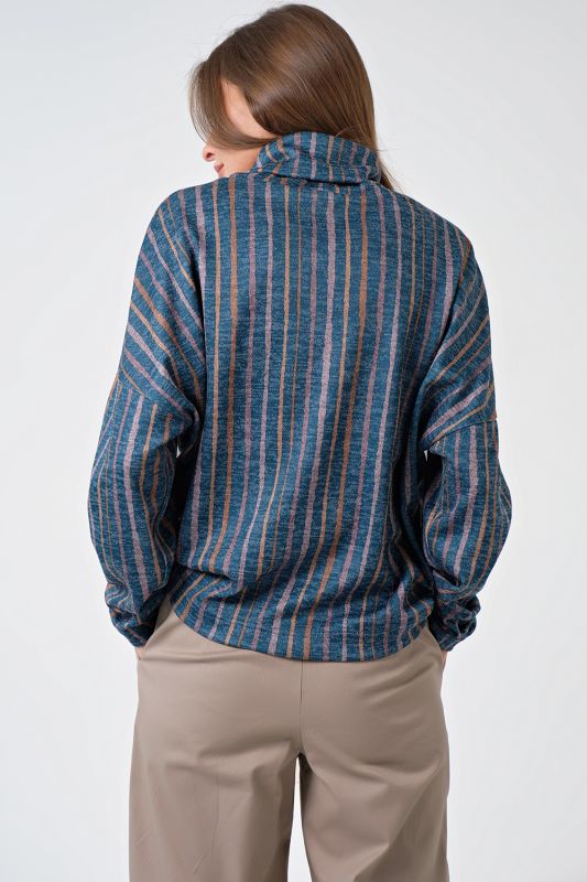 Sweater warm over-size sweater with high neck striped on blue