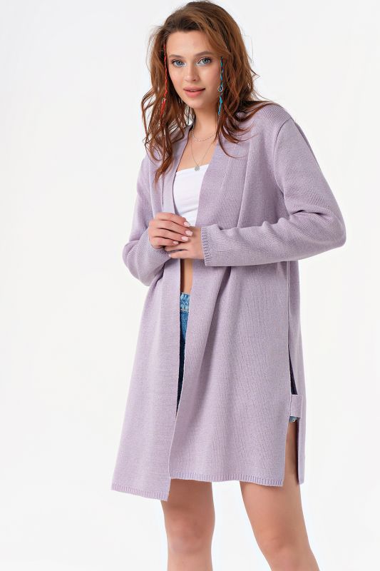 Long knitted cardigan with belt light lilac