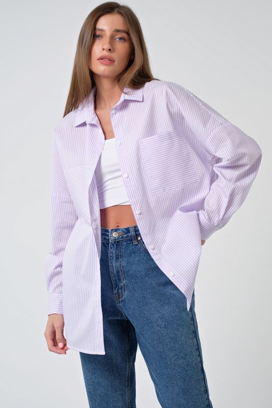 Long sleeve cotton striped oversize shirt on lilac