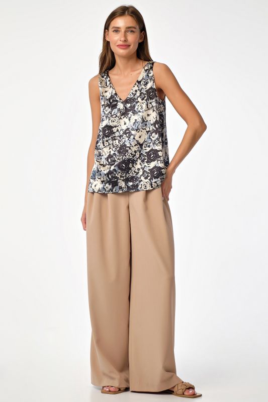 Satin base top with floral print on beige