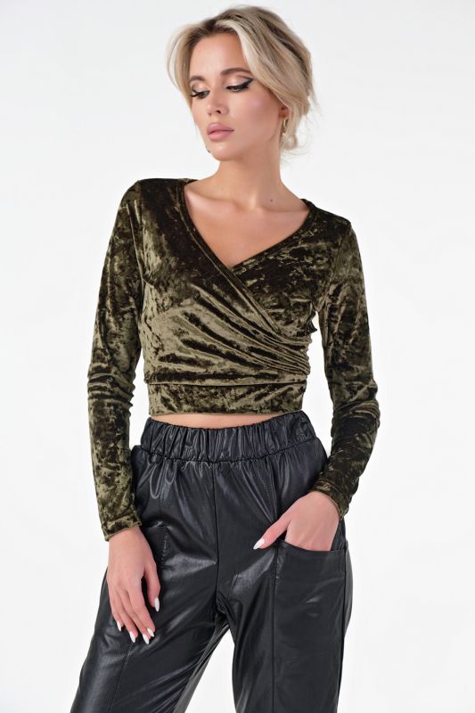 Long Sleeved Velvet Cropped Top in Green