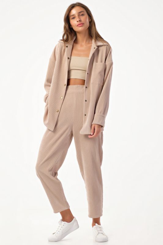 Corduroy pant suit with beige shirt