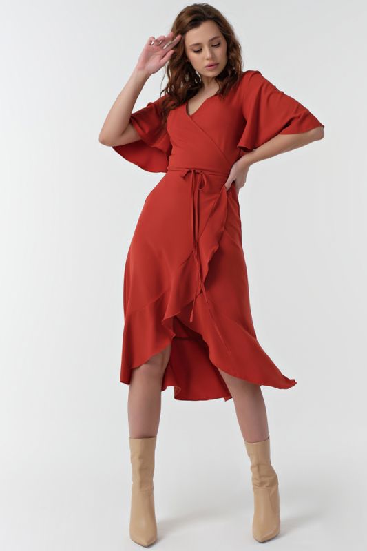 Terracotta fitted dress with flounces midi