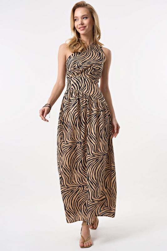 Summer maxi dress with open back made of viscose with animal tiger print