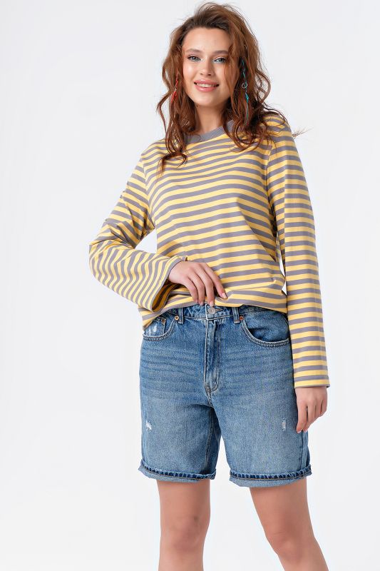 Long sleeve cotton striped longsleeve sweatshirt gray-yellow