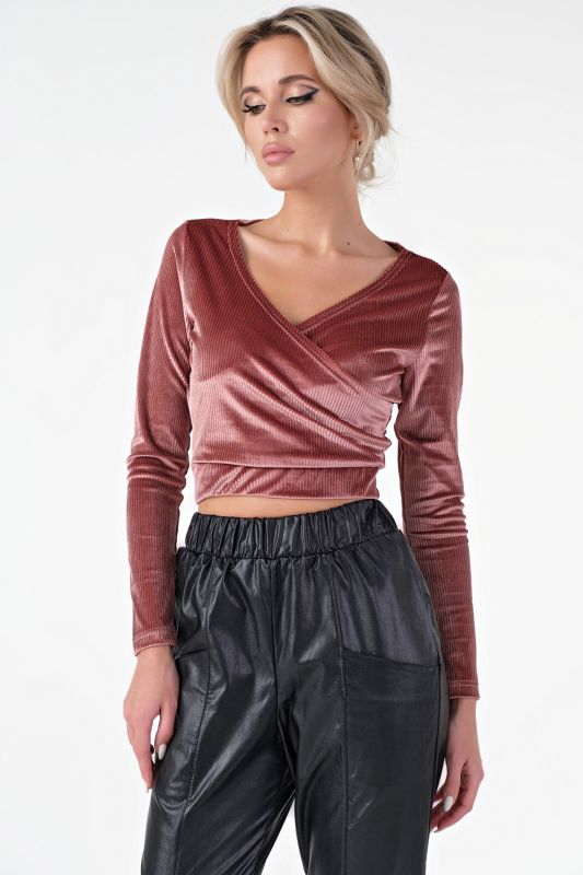 Terracotta long-sleeved cropped velvet top