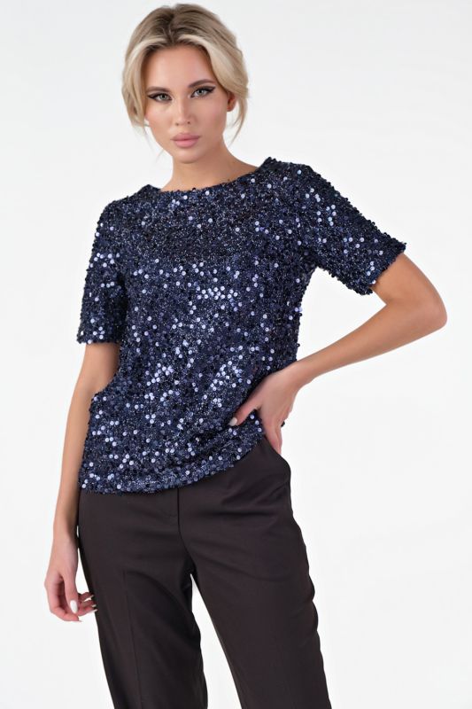 Dark blue knitted blouse with sequins