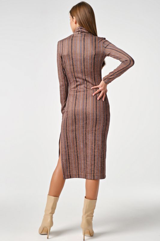 Long sleeve knit midi dress with striped stripes in bronze