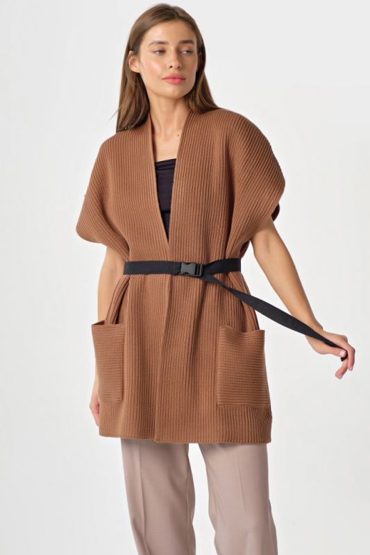 Oversize knitted vest with belt in brown