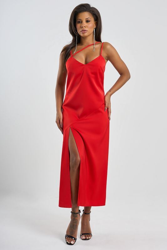 Flowing combination dress in scarlet fabric