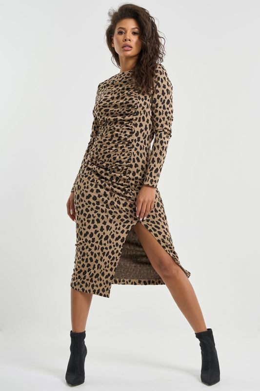 Leopard on beige tight midi dress with leg slit