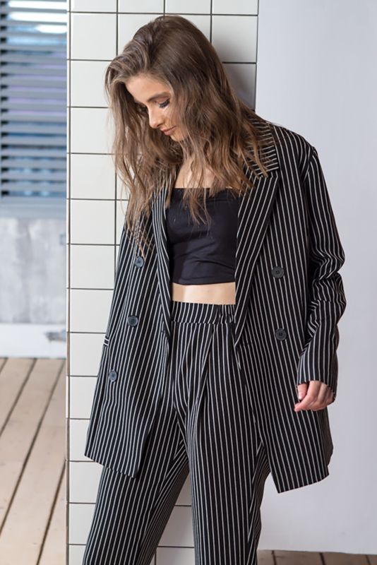 Black Striped Double-breasted Oversize Jacket