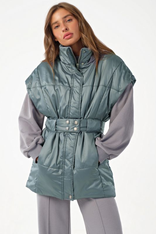 Zippered over-size insulated vest in gray-green