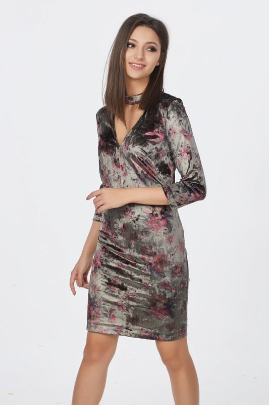 Dark Green Printed Velvet Fitted Dress