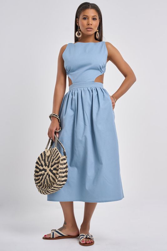 Grey-blue linen sundress with slits