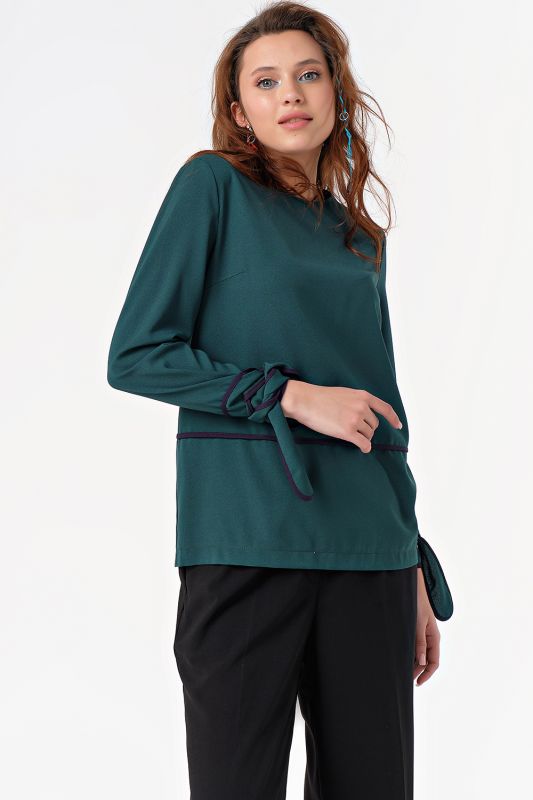 Long blouse with ties for office dark green