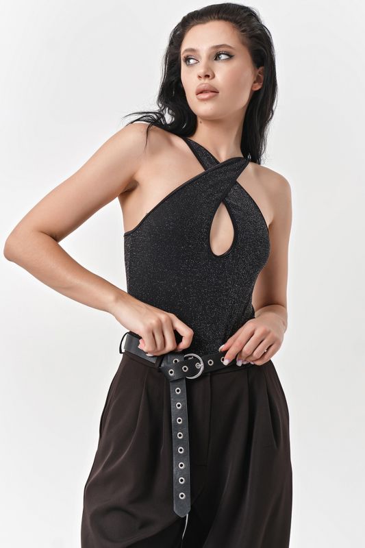 Shimmering black jersey body with lurex lace knit