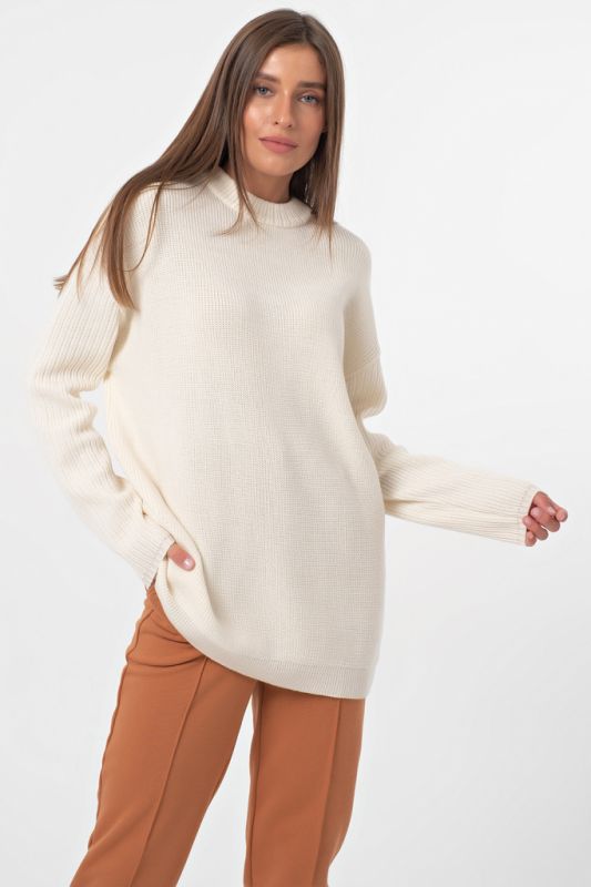 Long asymmetric warm asymmetrical knitted sweater in milk color