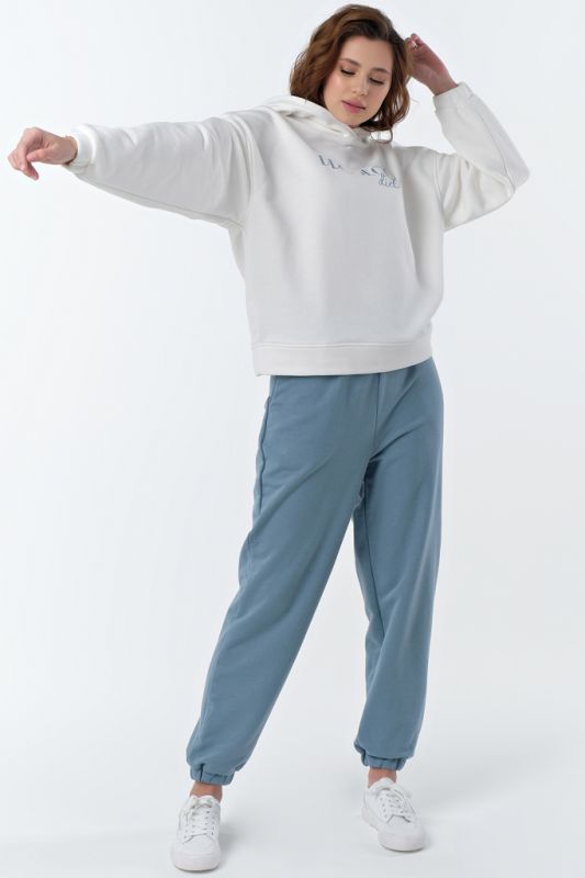 Sporty jersey knit pantsuit with cotton hoodie in blue and white