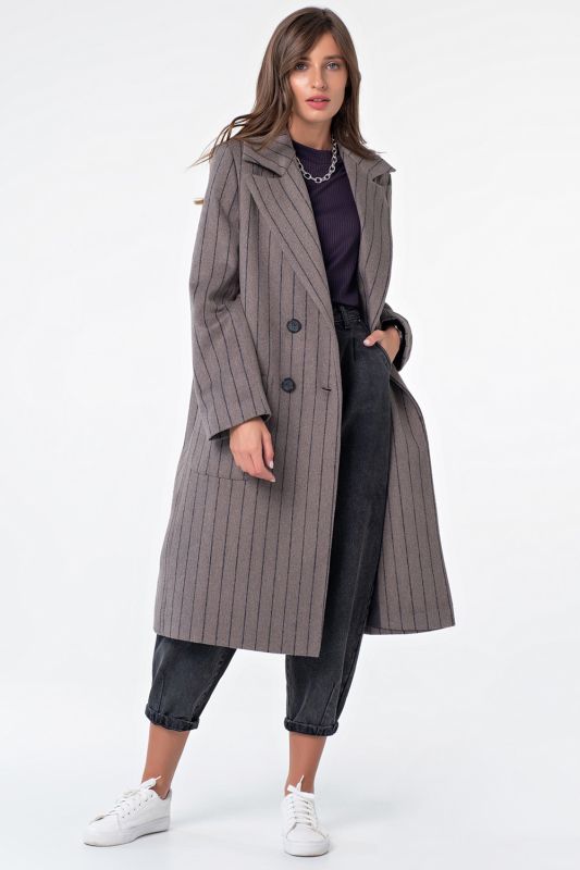 Double-breasted straight wool coat with striped coffee color