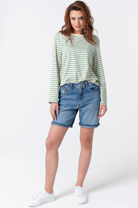 Green striped cotton long sleeve longsleeve sweatshirt on milk color