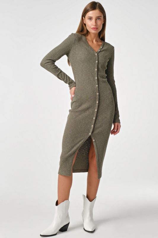 Khaki Buttoned Knit Noodle Dress