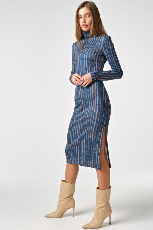 Long sleeve striped knitted midi dress on blue