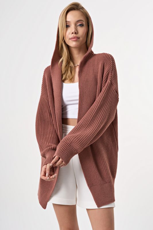 Knitted textured cardigan with hood in ash powder