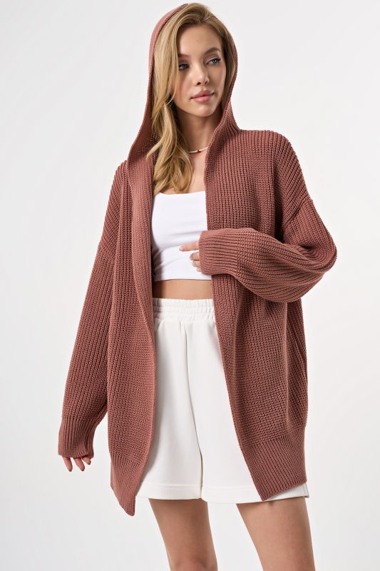 Knitted textured cardigan with hood in ash powder