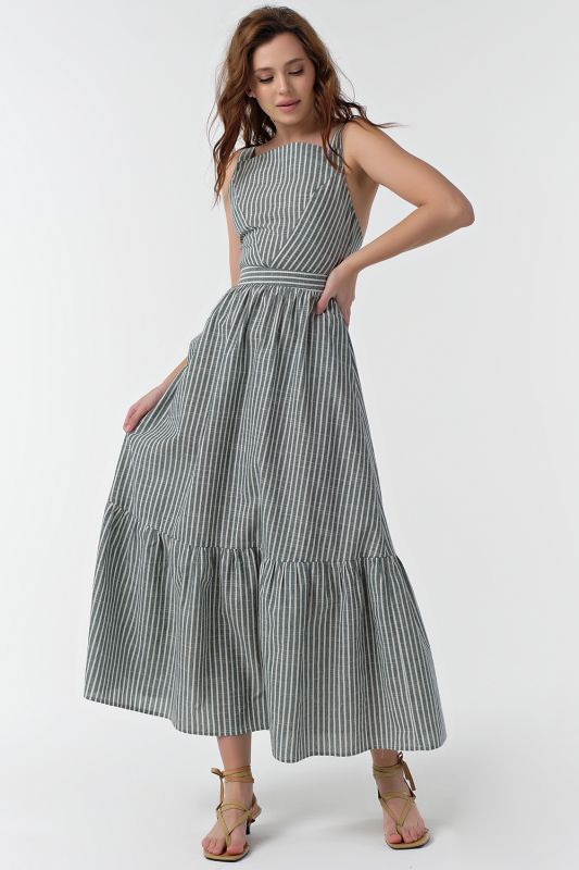 Long cotton summer dress with white striped stripes on green