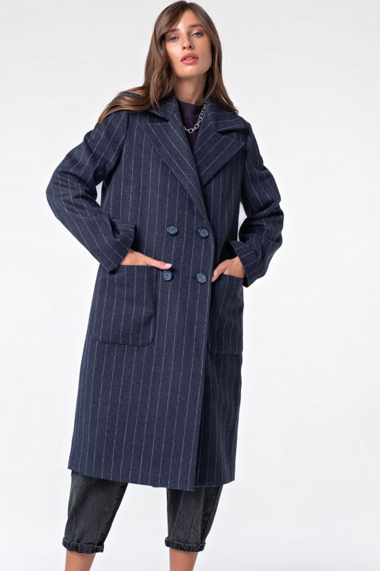 Blue striped wool double-breasted straight coat