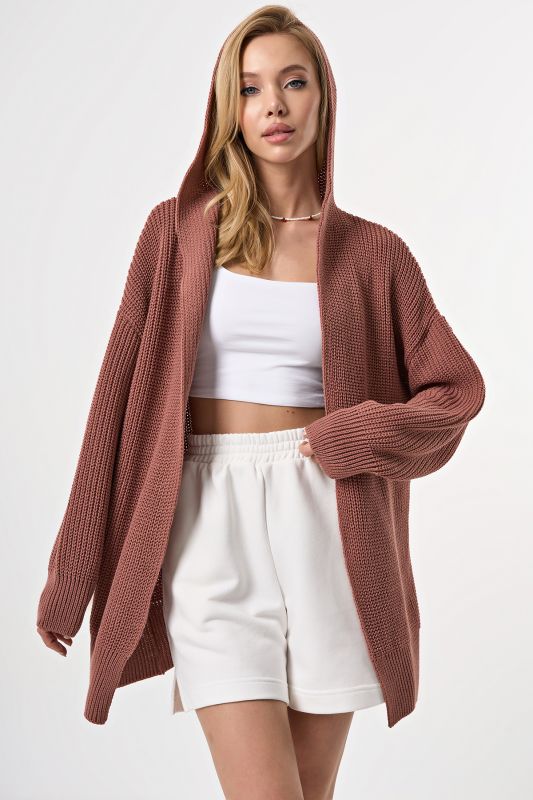 Knitted textured cardigan with hood in ash powder